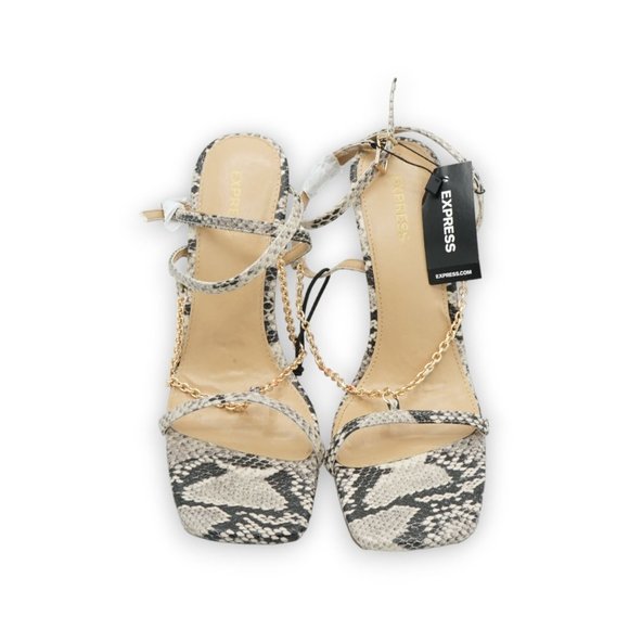 NWT $88‎ Express Faux Snake Skin Heels Straps Wrap Around Ankle Cream Black Sz 8 - Picture 3 of 10